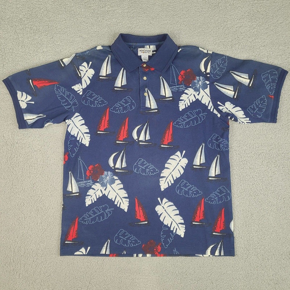 Vintage Windham Pointe‎ Polo Shirt Mens Medium Blue Hawaiian Casual Outdoor